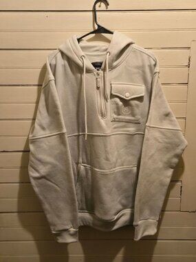 Akademiks Hoodie Mens XL White Quarter Zip Fleece Lined Kangaroo Pocket Logo